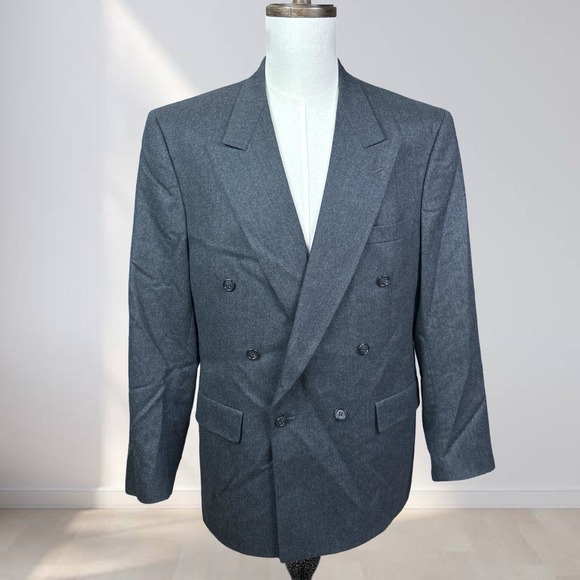 Hart Schaffner Marx Double Breasted Blazer Men 46R Charcoal Grey Wool Peak Lapel